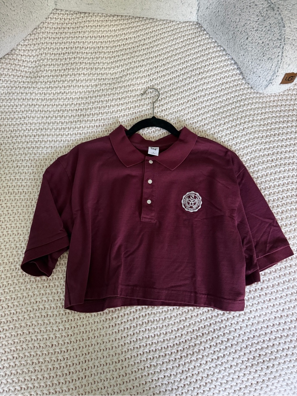 Aritzia TNA Burgundy Polo Crop Top with Crest